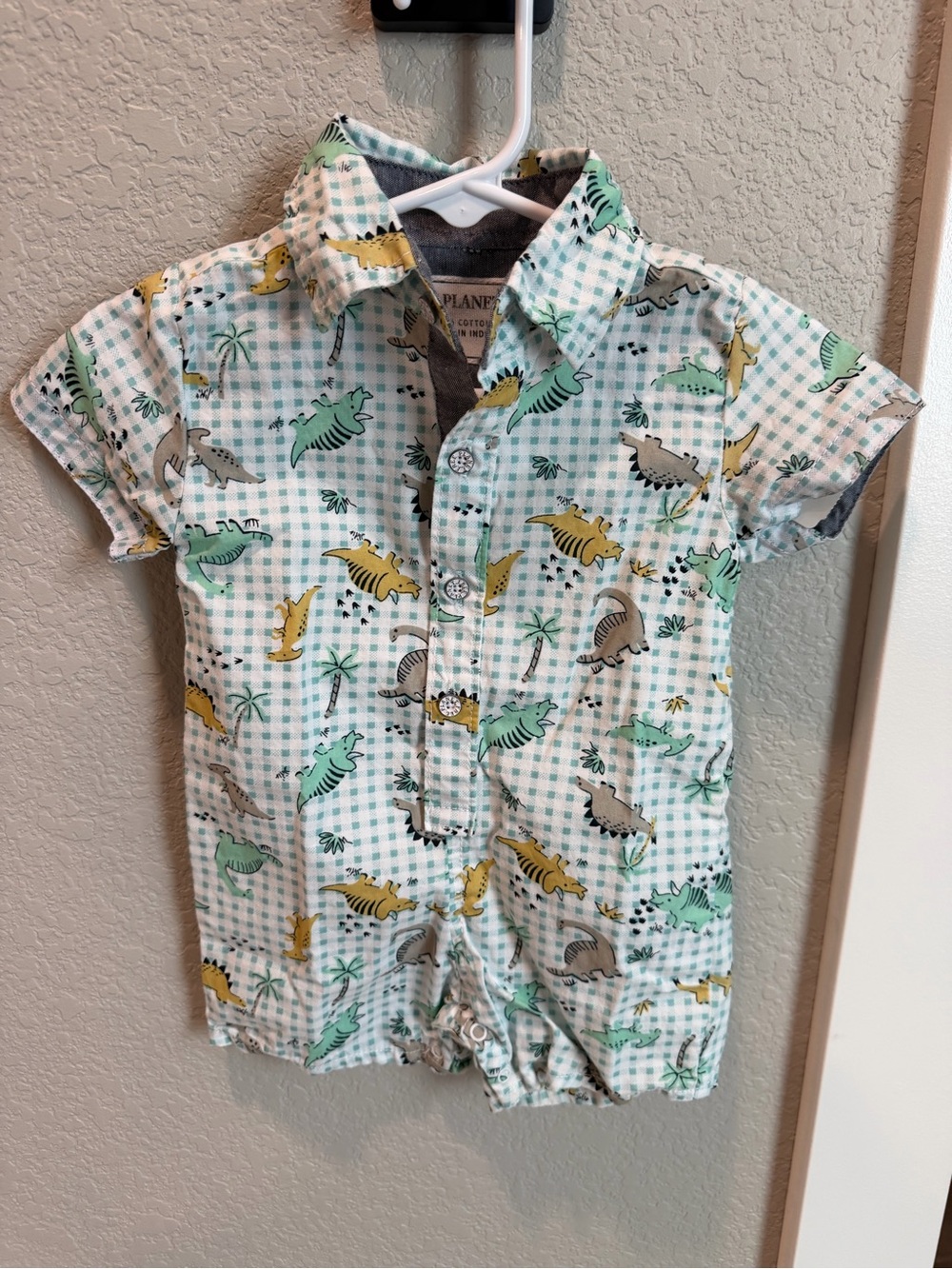 Baby/Toddler Dino Print Short-Sleeve Romper in Mint & Yellow